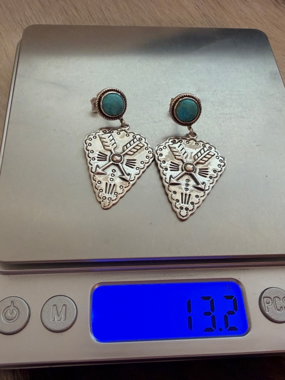 ❤️Kingman Turquoise Arrowhead Sterling Silver Symbol Hand Stamped Earrings 13.2G - Picture 11 of 15